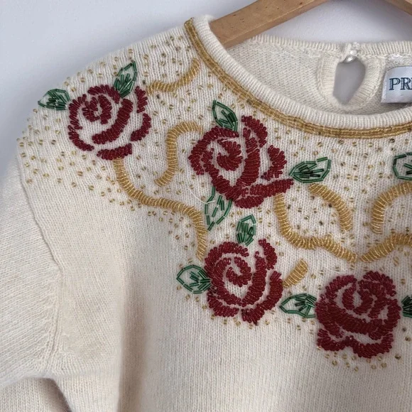 Vintage Principles Ivory Sweater with Burgundy Rose Pattern and Beading - Picture 4 of 5